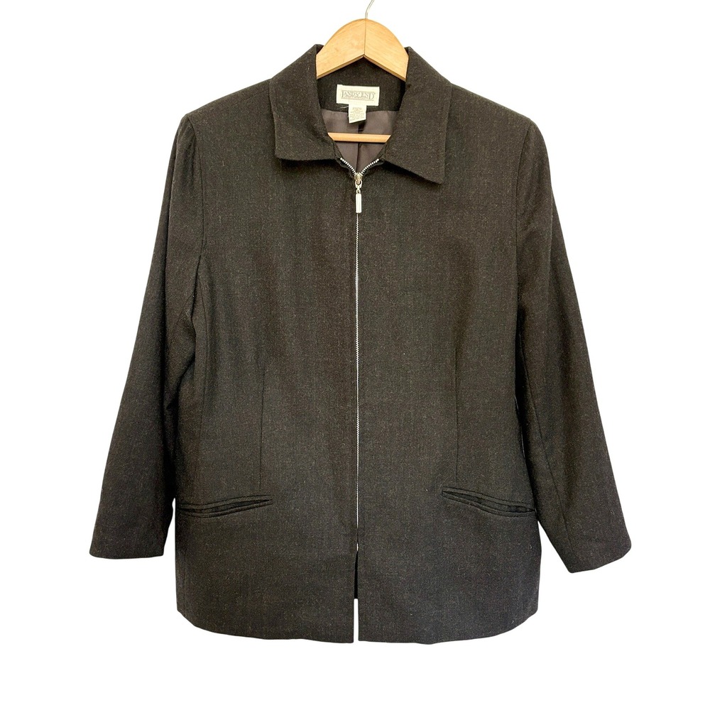 VTG Lands End 100% Wool Blazer Jacket Lined Sz 14‎ Staple capsule Gray Zip Front